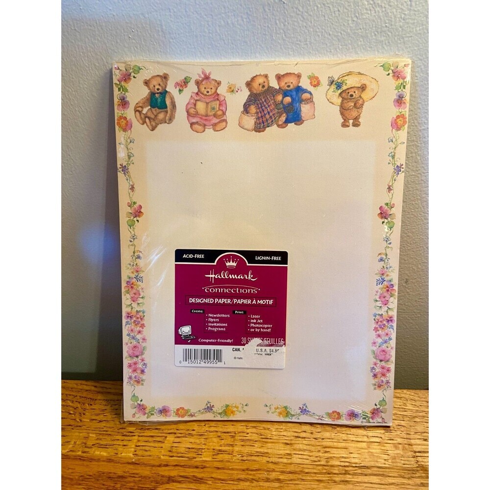 VTG 90s Hallmark Connections Teddy Bear Floral Computer Paper Stationery NEW 30